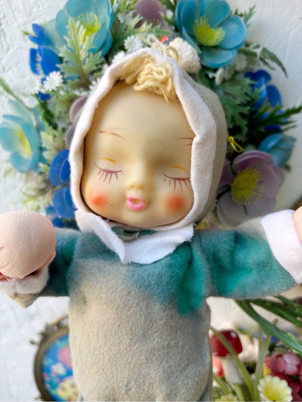 Vintage Felt Green Vinyl Stockinette Elf Pixie Doll Christmas Holiday 10”